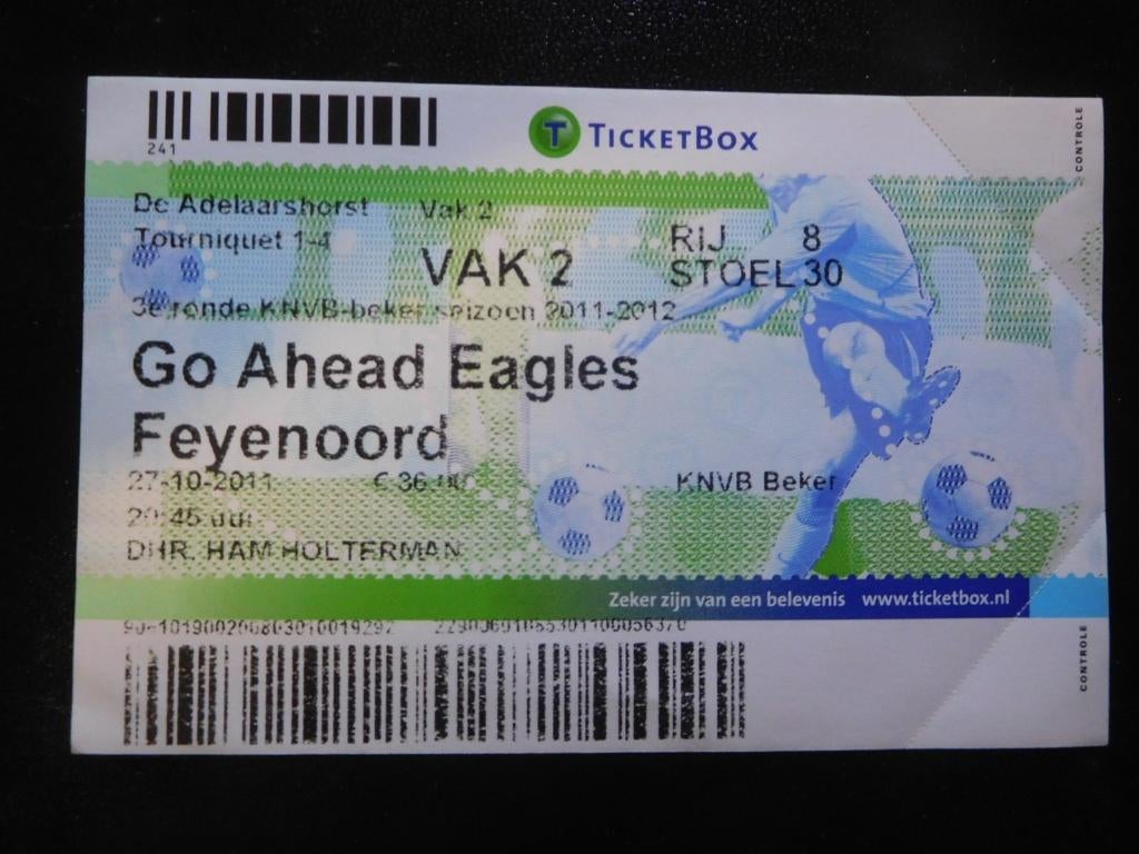 voetbal ticket Go Ahead Eagles - Feijenoord 27-10-2011, Ophalen of Verzenden, Zo goed als nieuw, Overige binnenlandse clubs, Overige typen