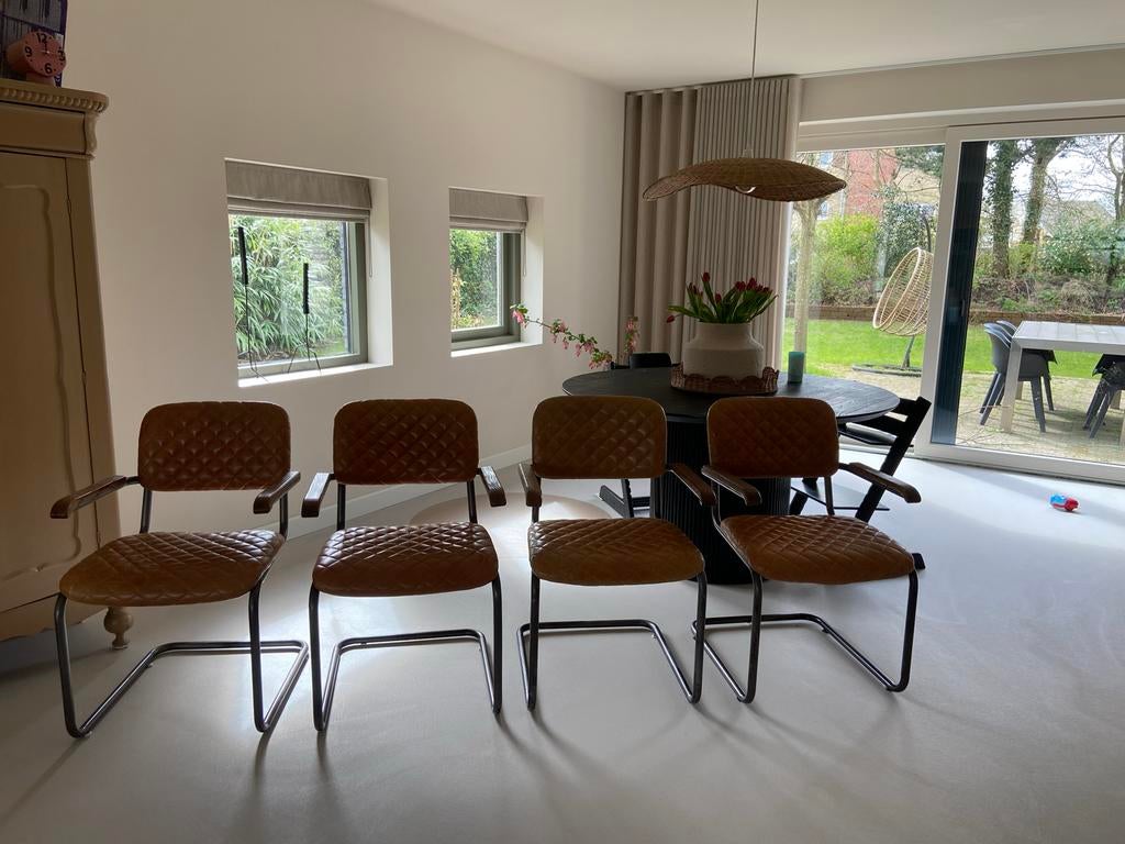 4 Eleonora Toby eetkamerstoelen - cognac leer, Huis en Inrichting, Stoelen, Ophalen, Gebruikt, Bruin, Leer