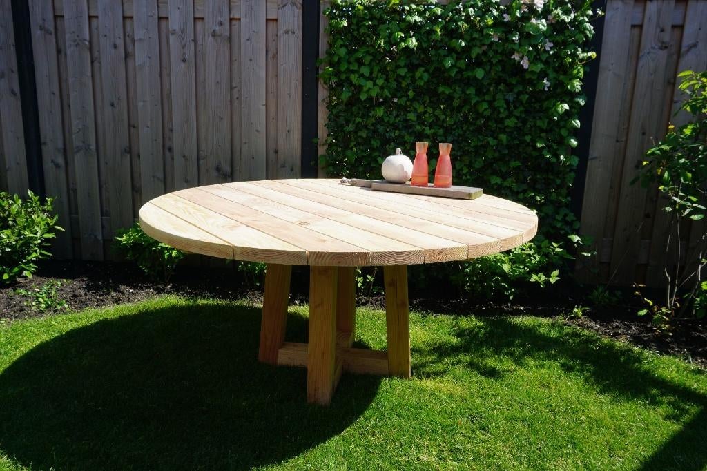 Douglas houten ronde tuintafel, kruispoot, matrixpoot, Ophalen of Verzenden, Nieuw, Rond, Hout