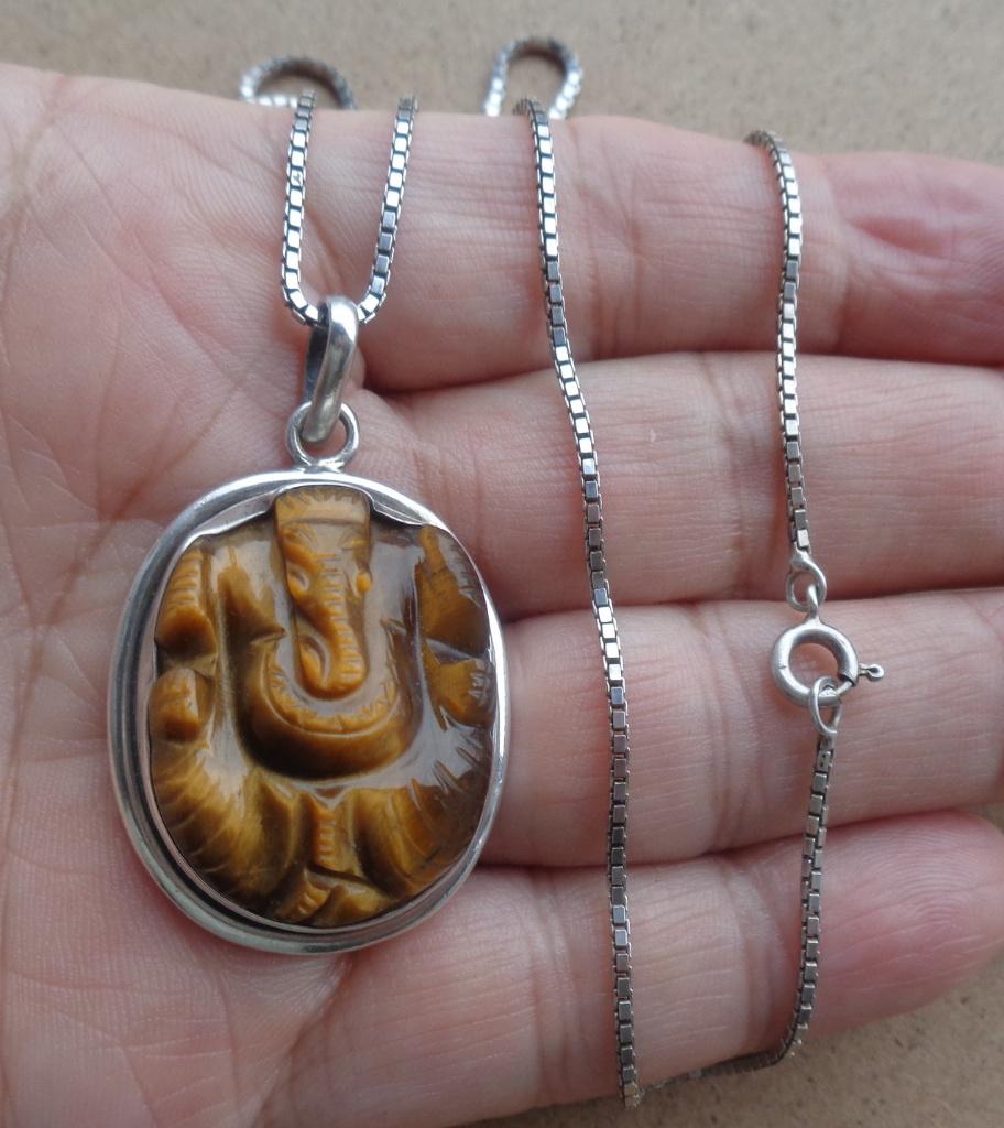 zilveren ketting met tijgeroog Ganesh Hanger [1010], Verzenden, Zo goed als nieuw, Met edelsteen, Zilver