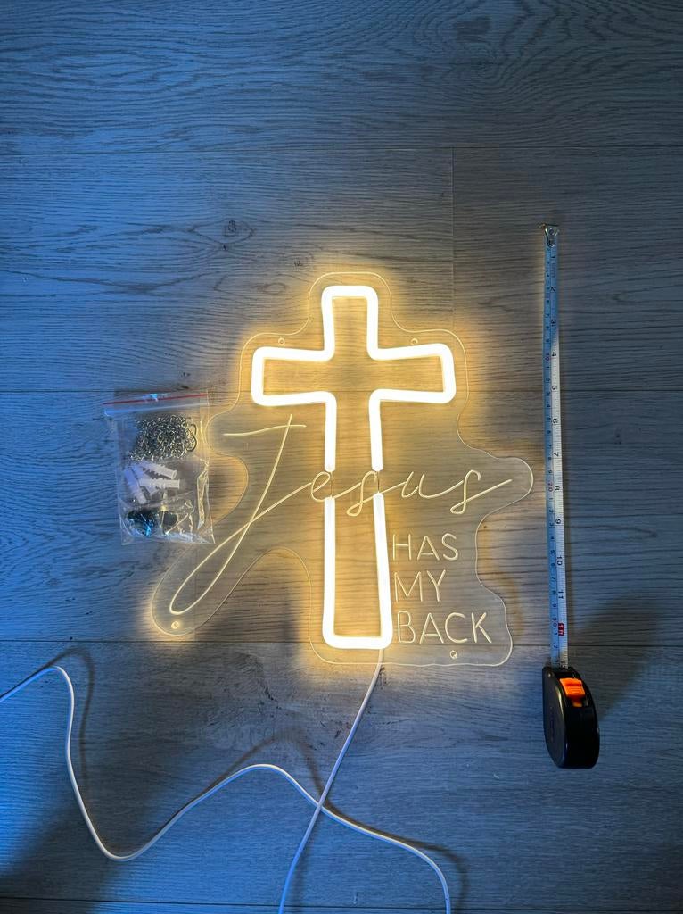 Led Neon Kruis "Jesus Has My Back" - 28 cm, Ophalen of Verzenden