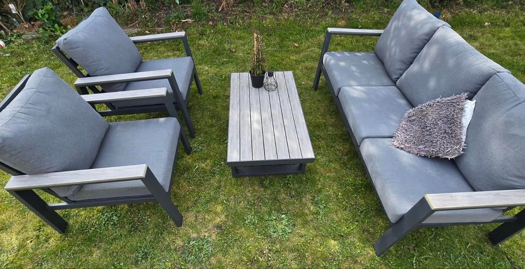 Antraciet aluminium loungeset met houtlook leuningen, Tuin en Terras, Tuinsets en Loungesets, Zo goed als nieuw, Loungeset, Aluminium