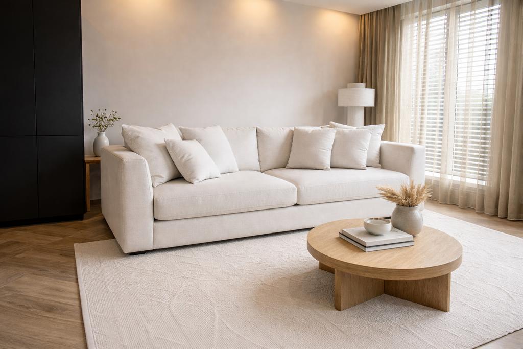 Eichholtz bank Taylor in Boucle Creme, 250 tot 300 cm, 75 tot 100 cm, Ophalen of Verzenden, Rechte bank