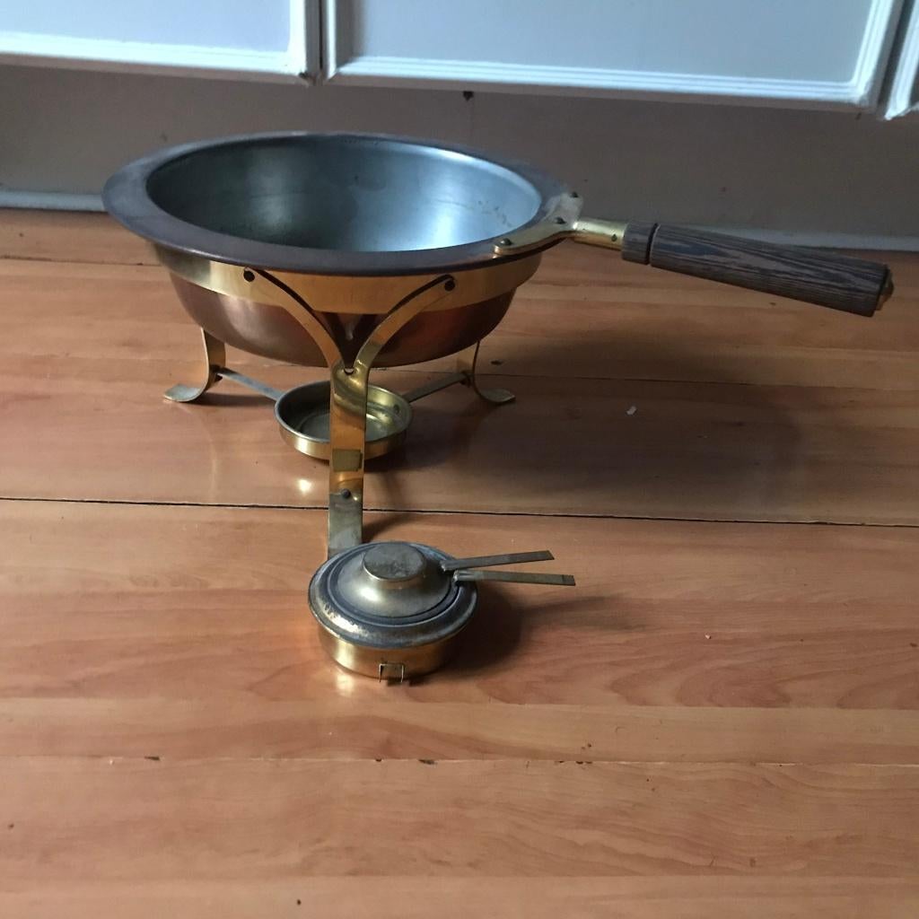 Vintage koperen fondue set met 6 vorken, Ophalen of Verzenden, Zo goed als nieuw, Brander, Fondueset