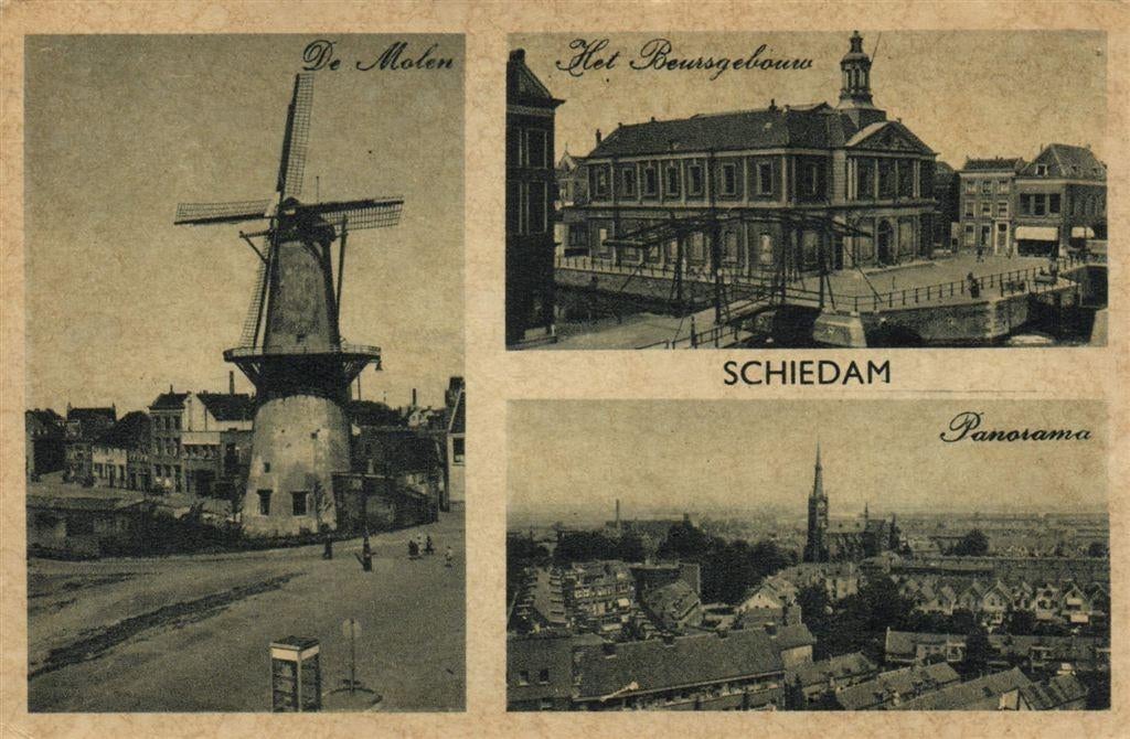 Schiedam - 3 afb o.a. Panorama - 1947 gelopen, Ophalen of Verzenden, 1940 tot 1960, Gelopen, Zuid-Holland