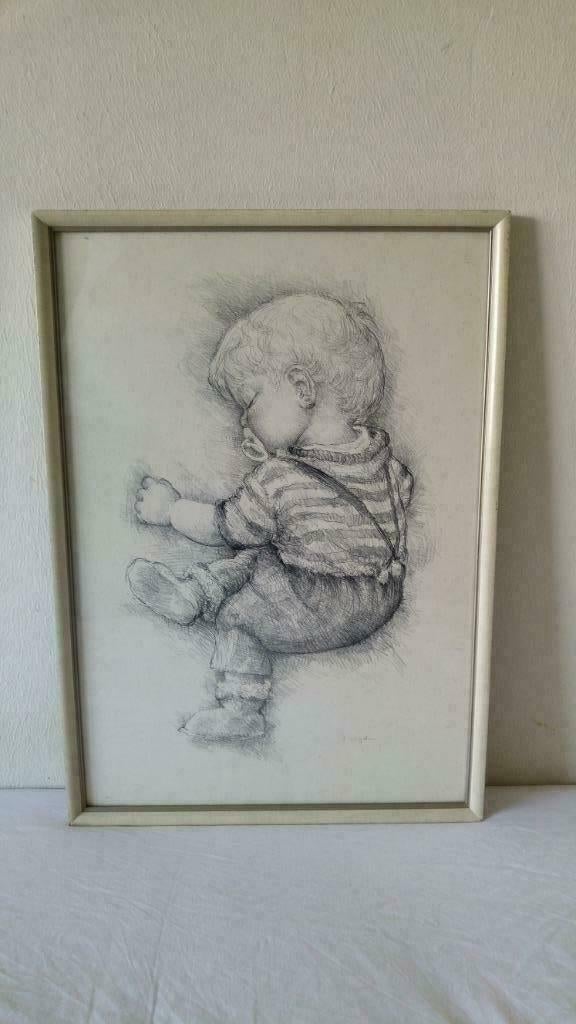 Mooie tekening van een slapend jongetje., Antiek en Kunst, Ophalen