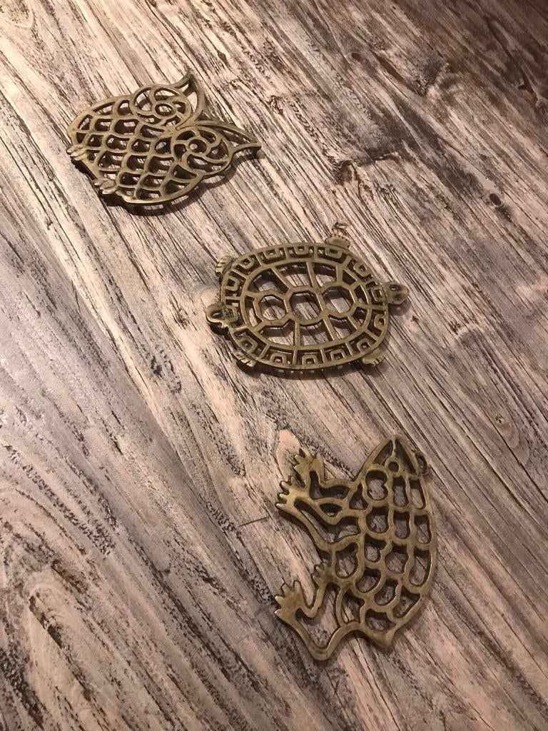 Antieke koperen onderzetters kikker uil schildpad circa 15cm, Antiek en Kunst, Ophalen of Verzenden