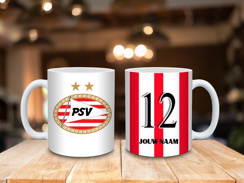 PSV mok met eigen naam en nummer, Keramiek, Nieuw, Ophalen of Verzenden, Overige stijlen
