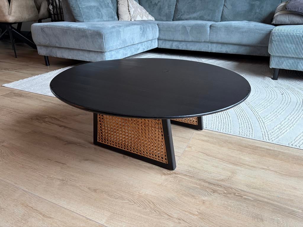 HKliving bijzettafel salontafel webbing rotan zwart 30 x 80, Ophalen, 50 tot 100 cm, Eikenhout, Zwart