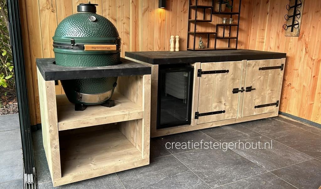 Steigerhouten buitenkeuken koelkast kamado wielen mancave, Ophalen of Verzenden, Nieuw, Houtskool, Vrijstaand
