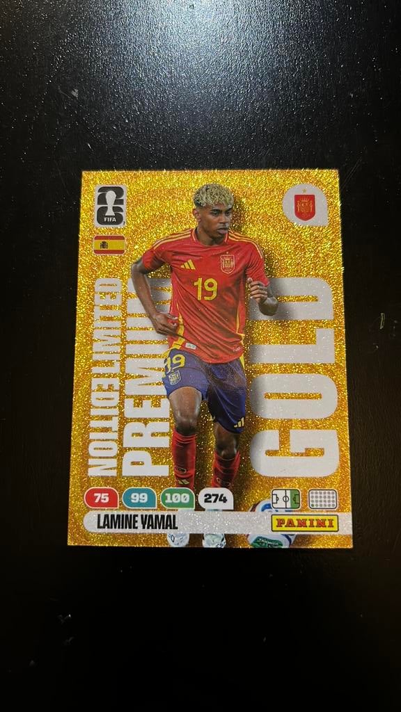Panini FIFA WK2026 Adrenalyn XL Lamine Yamal LE Premium Gold, Ophalen of Verzenden, Nieuw, Losse kaart, Foil