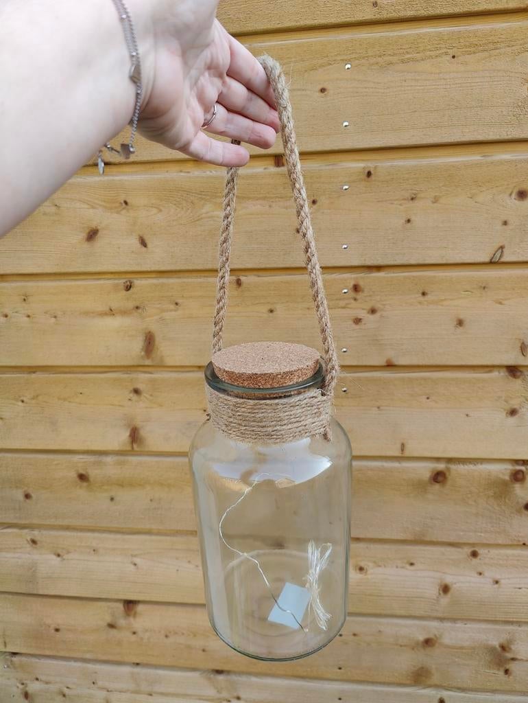 Glazen vaas/pot met lampjes en touw handvat, Ophalen, Zo goed als nieuw