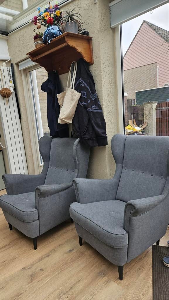 2 gebruikte grijze IKEA Strandmon fauteuils, Gebruikt, 75 tot 100 cm, Ophalen of Verzenden, 75 tot 100 cm