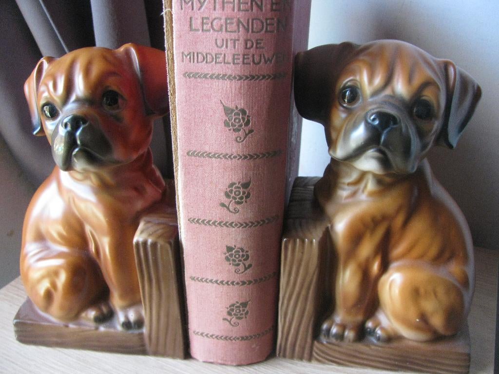 Set Vintage Honden Boekensteunen - Boxer Pups H 18 cm, Verzenden