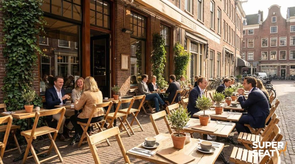 Partij retro vintage houten horeca klapstoelen STOKKUM.  230, Ophalen of Verzenden, Gebruikt, Bruin, Vijf, Zes of meer stoelen