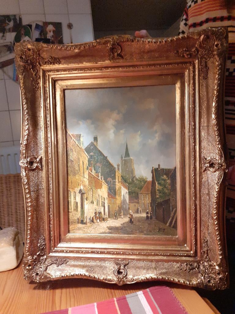 Olieverf/Doek Schilderij in lijst "Stadsgezicht" gesign. R.T, Ophalen of Verzenden