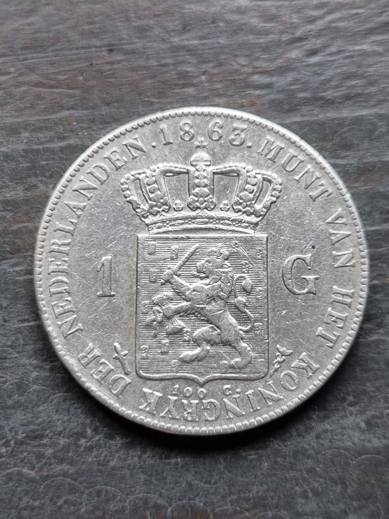 1 gulden 1863 Willem 3, Ophalen of Verzenden, Koning Willem III, 1 gulden, Zilver