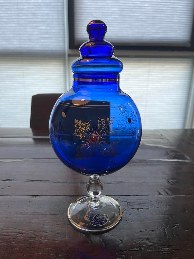 Blauwe glazen pot met deksel, goudkleurige decoratie, Ophalen of Verzenden