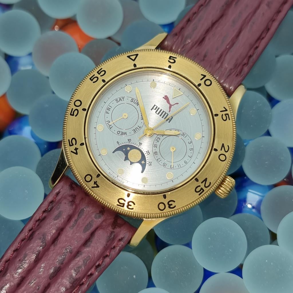 Puma heren horloge Nieuw Maanstand kalender-%%%, Leer, Staal, Polshorloge, Nieuw