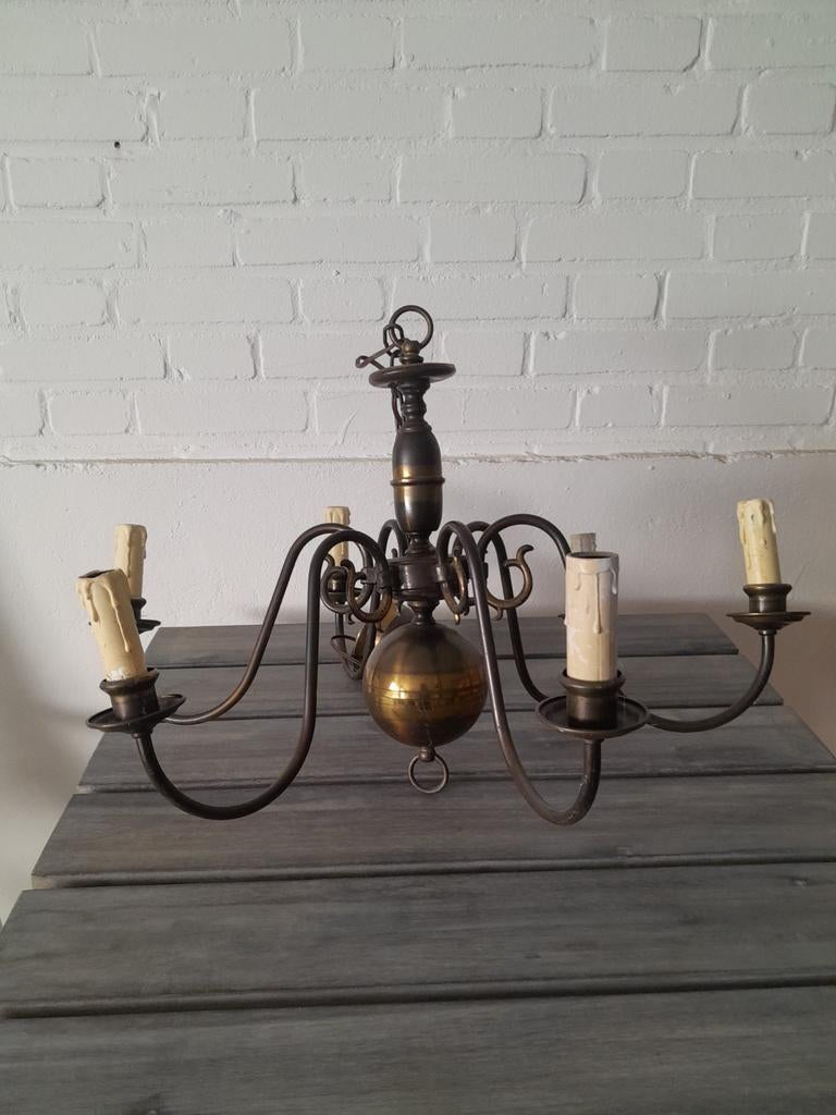 Koperen Kroonluchter met 6 Armen - Klassiek Design, Ophalen, Gebruikt, Metaal, Klassiek, Landelijk, Vintage