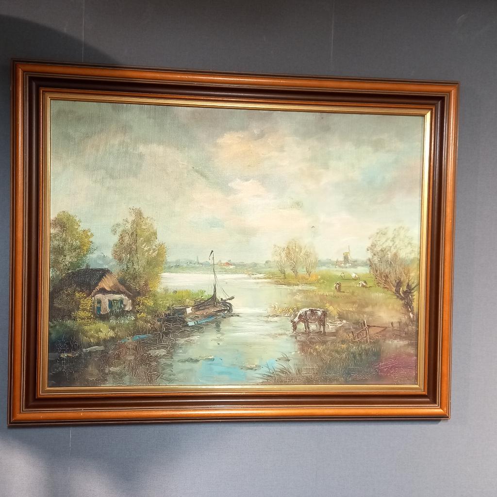 Antiek XL olieverf schilderij op linnen, Ophalen of Verzenden