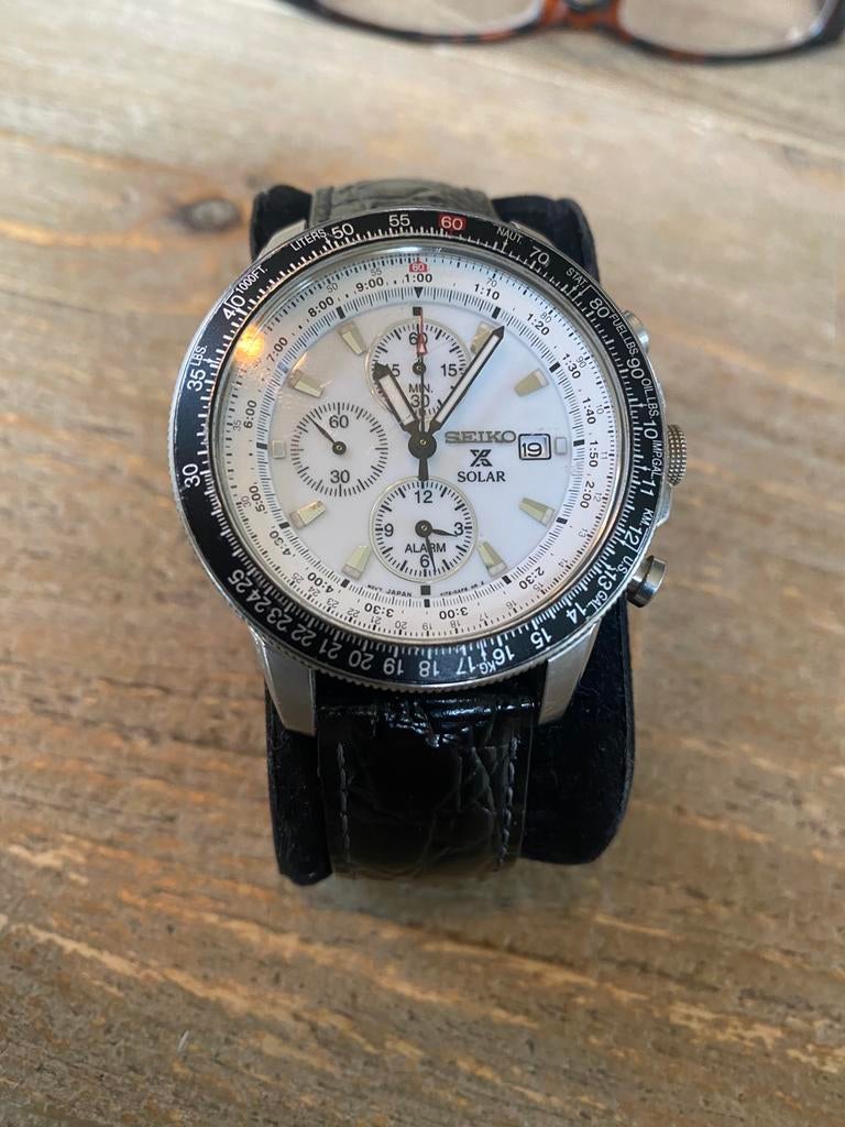 Vintage Seiko X Solar in nette staat, Seiko, Leer, Staal, Polshorloge