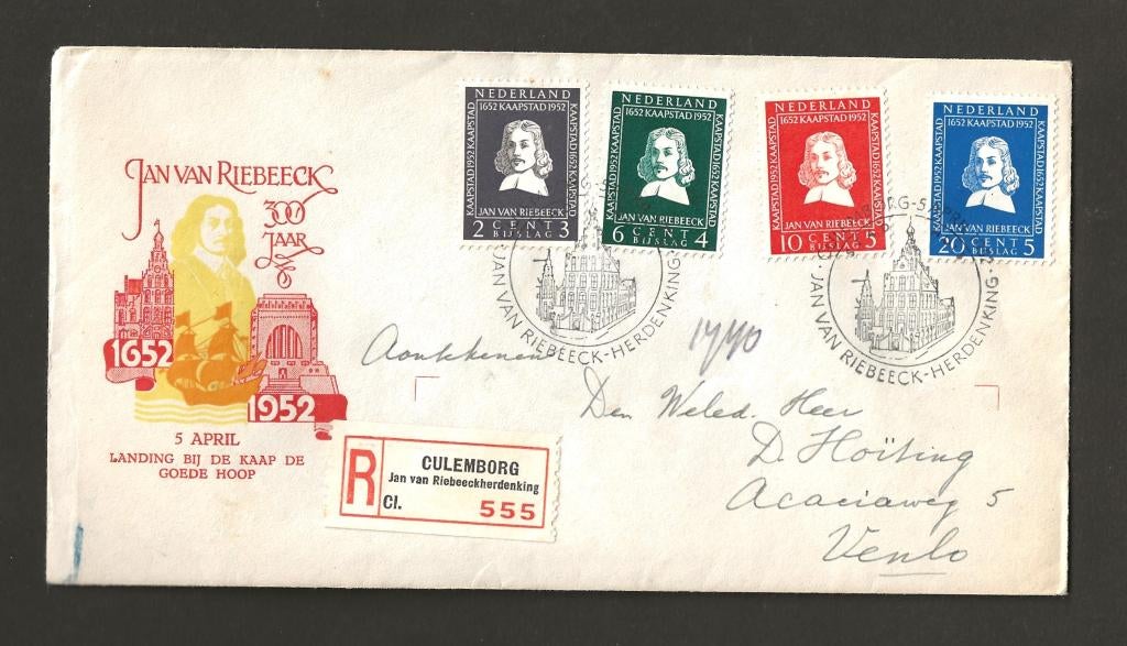 Fdc Jan van Riebeeck herdenking, Postzegels en Munten, Ophalen of Verzenden, Beschreven, Nederland