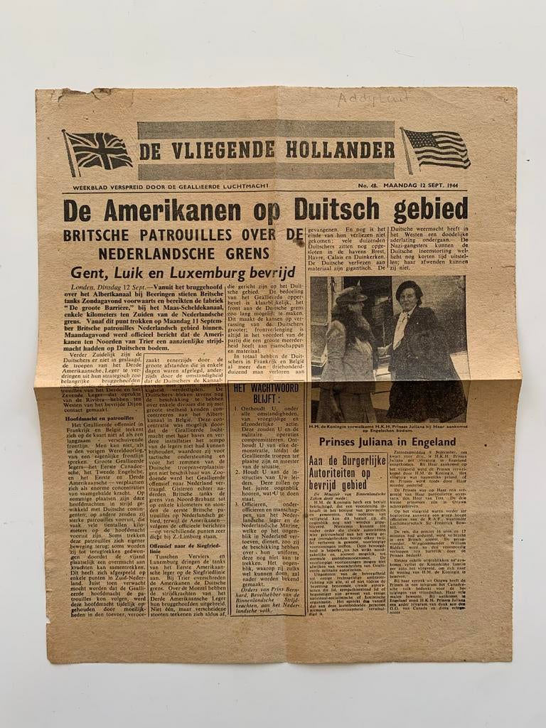 De Vliegende Hollander krant  12 september 1944 oorlog, Ophalen of Verzenden, Gelezen, Krant