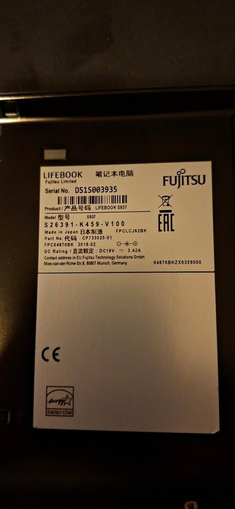 Fujitsu Lifebook S937, Computers en Software, Windows Laptops, Gebruikt, 13 inch, SSD, Onbekend, 8 GB, Qwerty, Ophalen of Verzenden