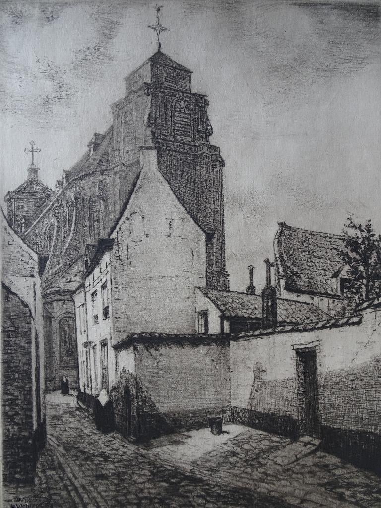 Ets straatje en kerk Mechelen, Jean Baptiste Coene II, 1920, Antiek en Kunst, Stadsgezicht, Origineel, 1900 - 1949, Verzenden