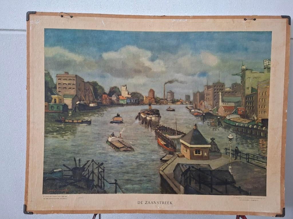 antieke schoolplaat De Zaanstreek riviergezicht schepen, Antiek en Kunst, Antiek | Schoolplaten, Stad- en Dorpsgezichten, Ophalen of Verzenden