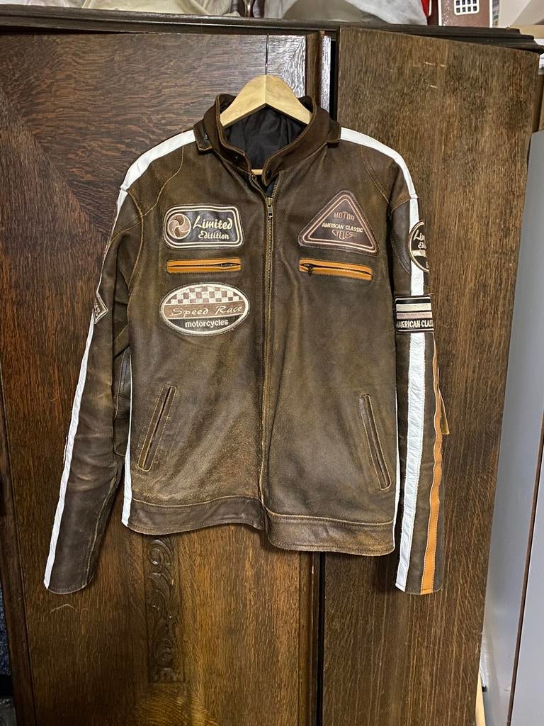 Bruine motorjack met stoffen losse muts, Ophalen, Tweedehands, Jas | textiel