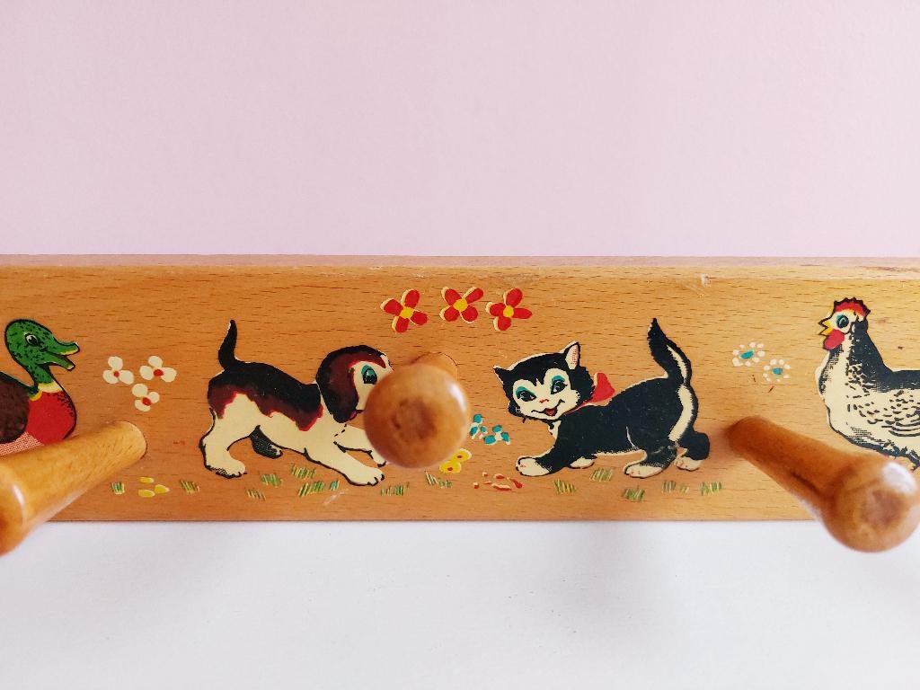 Mooie lange vintage houten kapstok met dieren, diertjes, Ophalen of Verzenden, Huis en Inrichting