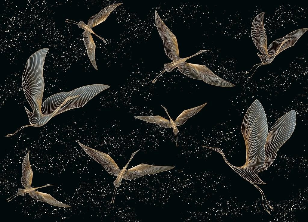 Golden Cranes vlies fotobehang - Kraanvogels - 375 x 270 cm, Verzenden, Minder dan 10 m², Modern, vogels, kraanvogels