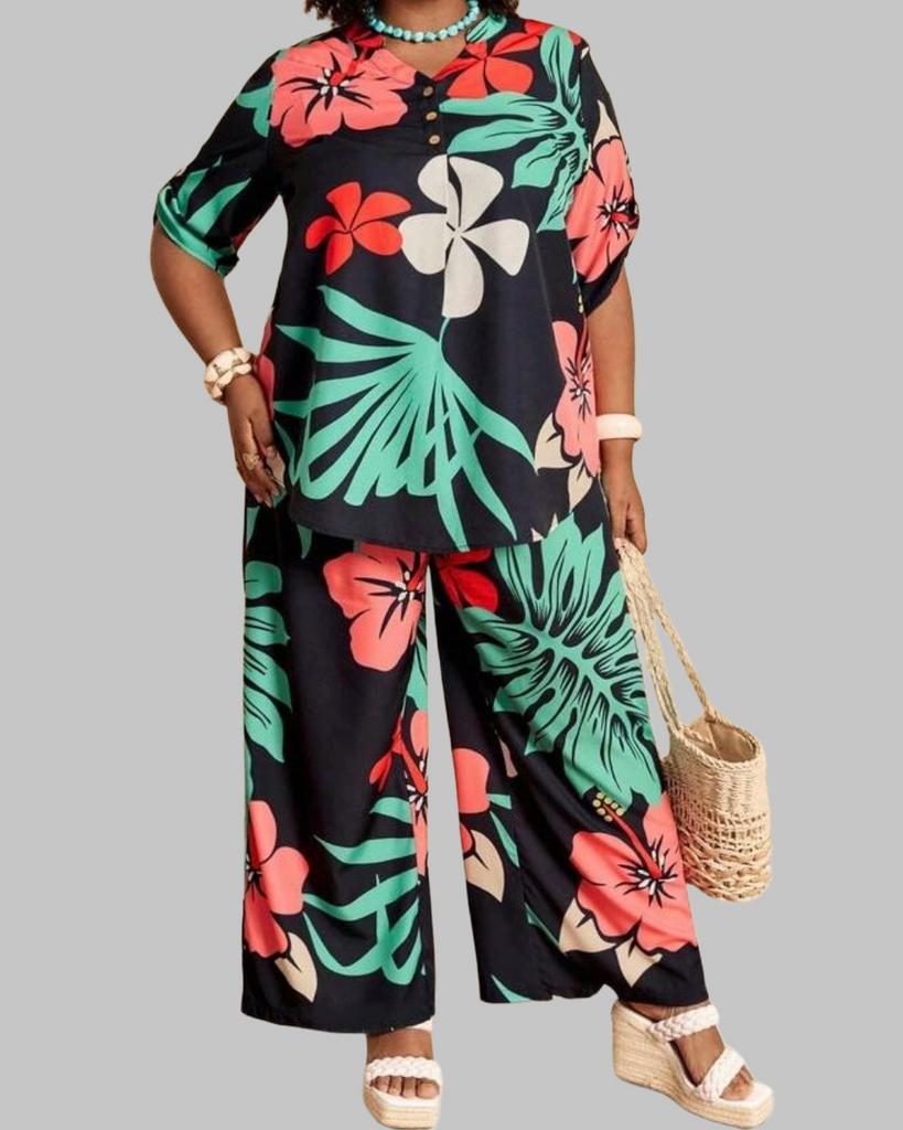 Zomerse Bloemenprint Set: Blouse & Broek (46-54), Verzenden, Nieuw, Zwart, Broek of Spijkerbroek