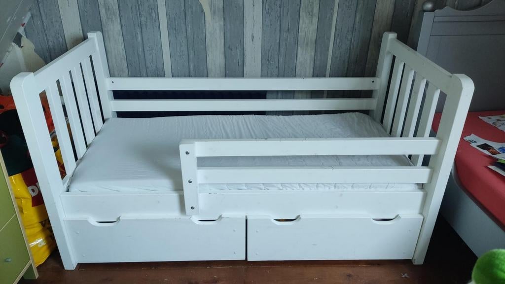 Wit kinderbed 150 x 70 cm met lades en uitvalbeveiliging, Gebruikt, 70 tot 85 cm, 140 tot 160 cm, Ophalen