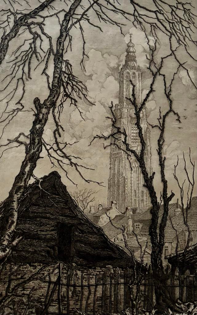 Ets van Toon de Jong: De Lange Jan, Amersfoort (ca. 1910), Antiek en Kunst, Kunst | Etsen en Gravures, Stadsgezicht, Ophalen of Verzenden