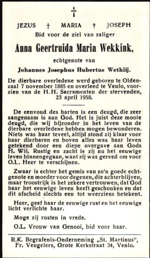 Wekkink Anna Geertruida Maria Oldenzaal 1885-1958 Venlo, Verzamelen, Bidprentjes en Rouwkaarten, Ophalen of Verzenden