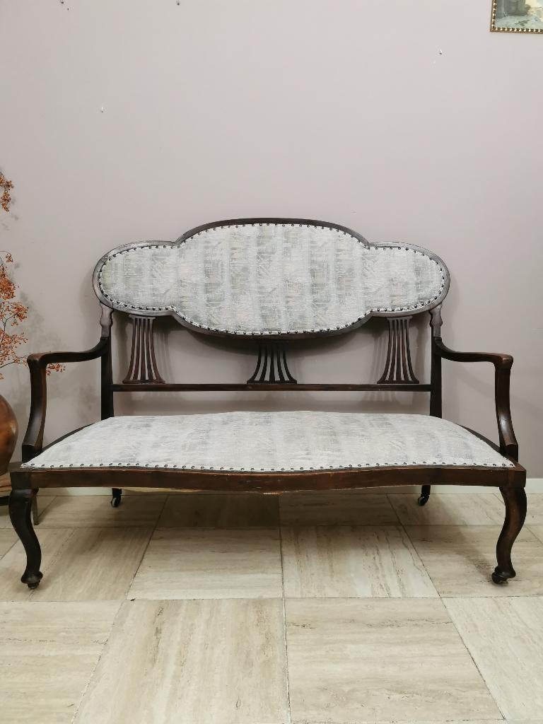 Brocant Queen Anne halbankje wieltjes origineel oud bankje, Ophalen