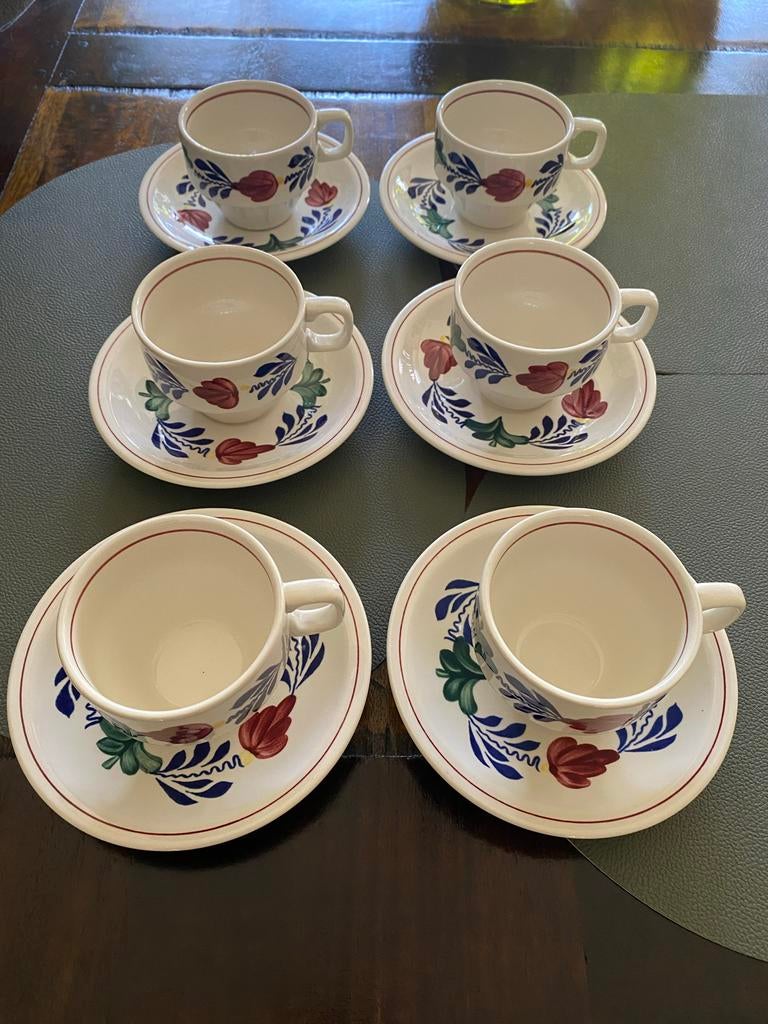 Boerenbont kop + schotels 6 stuks, Ophalen of Verzenden, Zo goed als nieuw, Kop(pen) en/of Schotel(s), Aardewerk