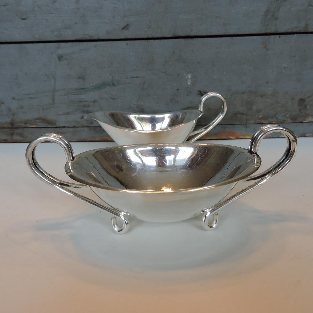 Strak verzilverd roomstel suikerpot en roomkannetje, Ophalen of Verzenden