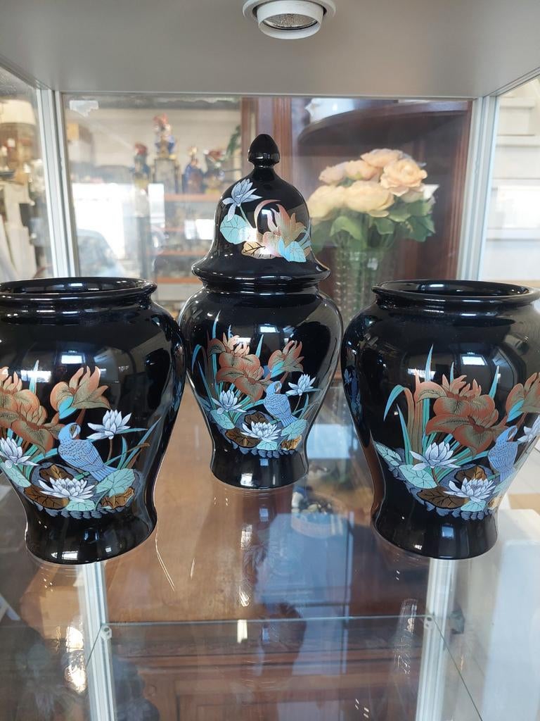 Italiaanse vazen set met floraal decor en papegaai, Ophalen of Verzenden