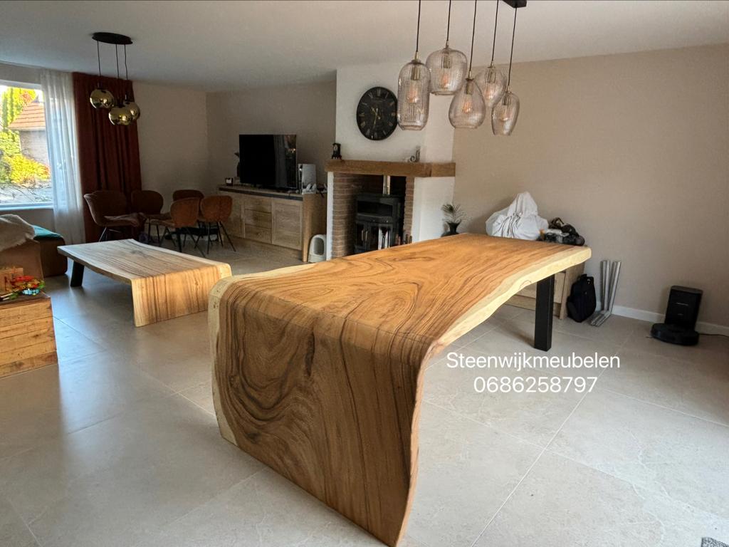 Suar boomstamtafels eettafel zelf blad kiezen grote voorraad, Ophalen of Verzenden, Nieuw