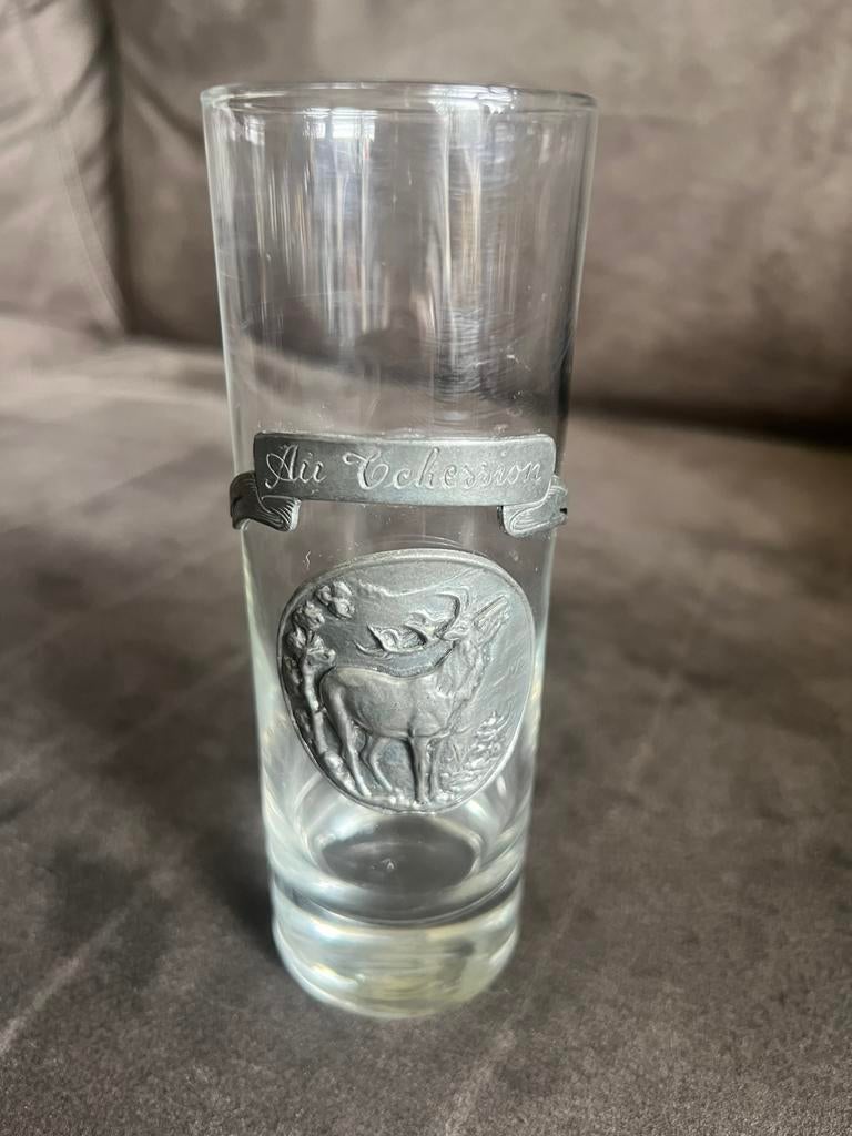 Vintage Longdrink Glas Tinnen Hert Embleem., Verzamelen, Ophalen of Verzenden, Zo goed als nieuw
