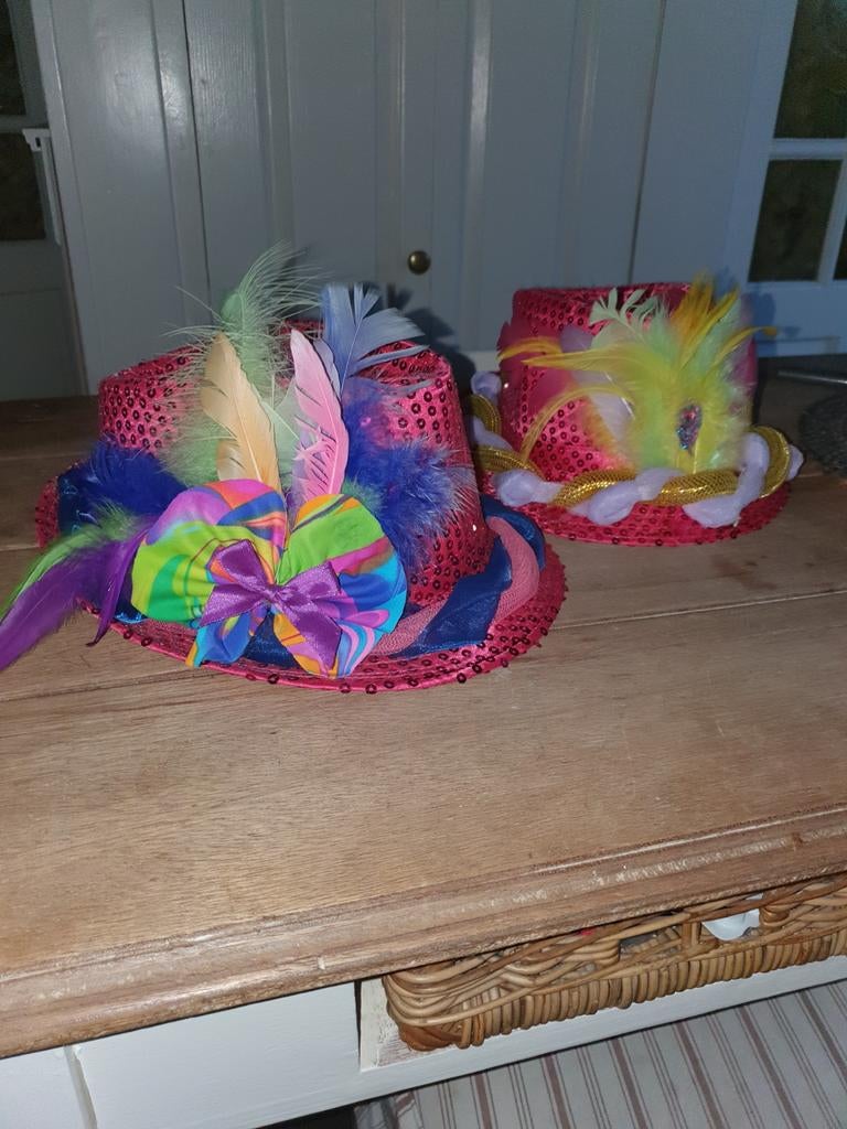 Twee roze hoeden met veren, Ophalen, Nieuw, Carnaval