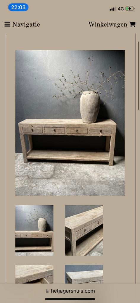 Naturel grof houten Sidetable ladekast wandtafel landelijk, Ophalen of Verzenden, Vierkant, Metaal