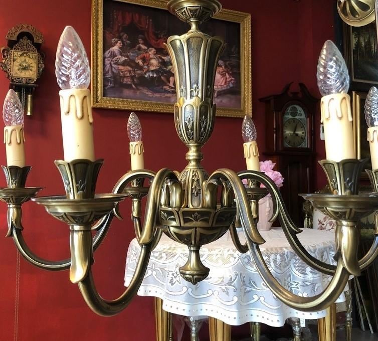 Groot kroonluchter / hanglamp antiek brons 7 arms kandelaars, Antiek en Kunst, Antiek | Lampen, Ophalen of Verzenden