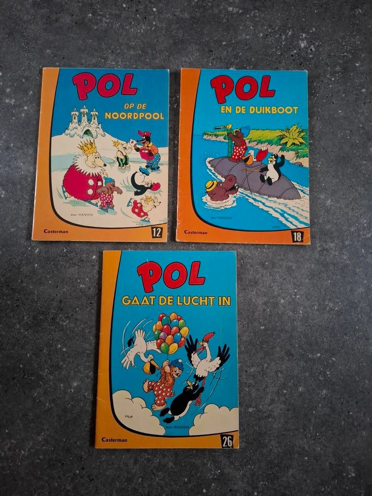 Te koop 3 stripboeken van POL, PEL en PINGO., Meerdere stripboeken, Ophalen of Verzenden, Gelezen