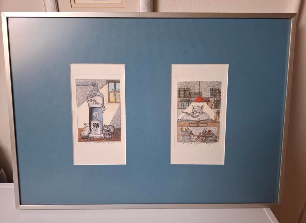 Te koop: 2 stuks lijsten met poezenprenten, Antiek en Kunst, Kunst | Etsen en Gravures, Ophalen