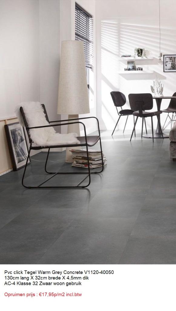 Pvc click Tegel Warm Grey Beton 130cm X 32cm €17,95p/m2, 75 m² of meer, Nieuw, Ophalen of Verzenden, Grijs